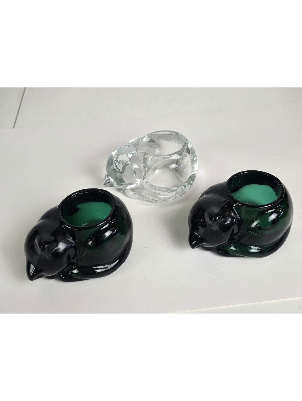 Indiana Glass Green Sleeping Cat Tea Light Votive Candle Holder Heavy Set of 3